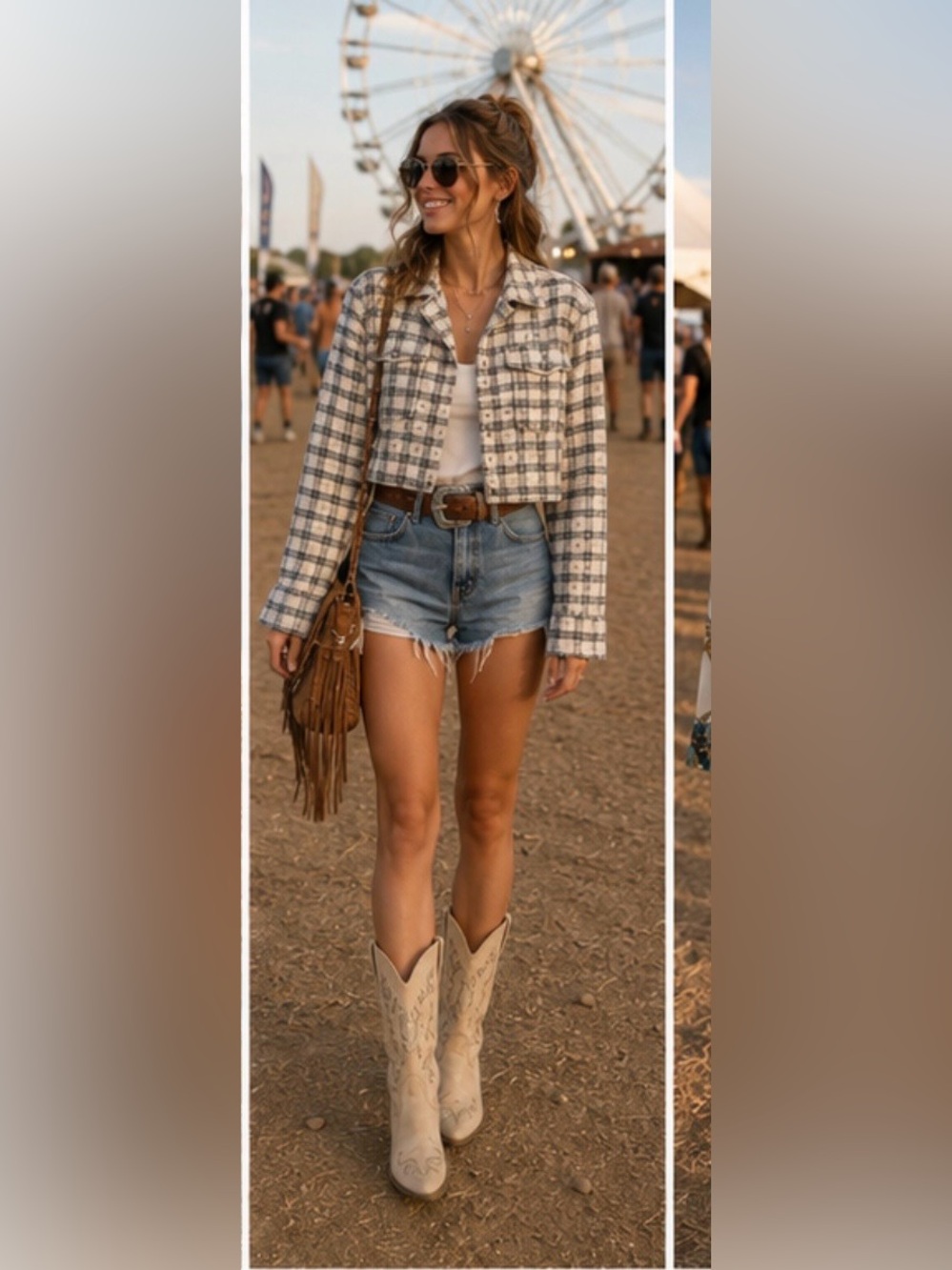 Avec Les Filles Cream and Black Plaid Cropped Blazer